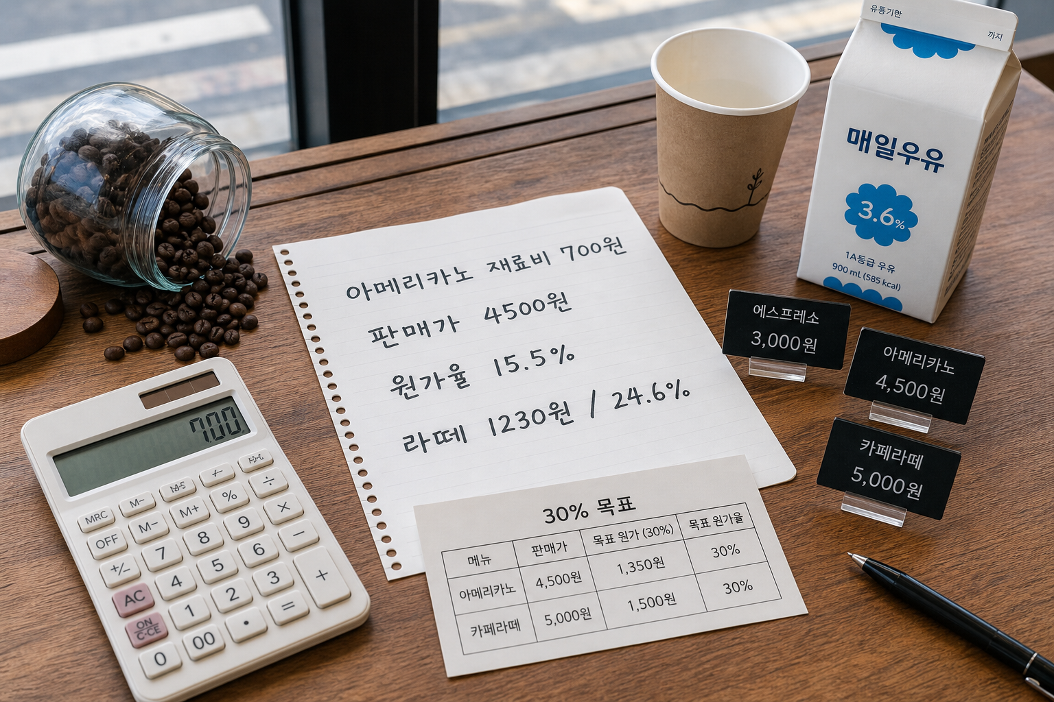 카페 메뉴 원가율 계산으로 30%를 유지하는 레시피 계산 예시