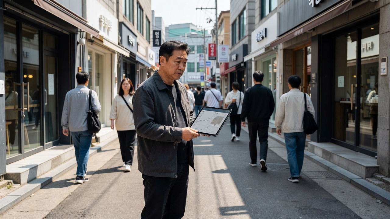 카페 입지 선정을 위해 데이터와 유동인구를 확인하는 창업자 모습